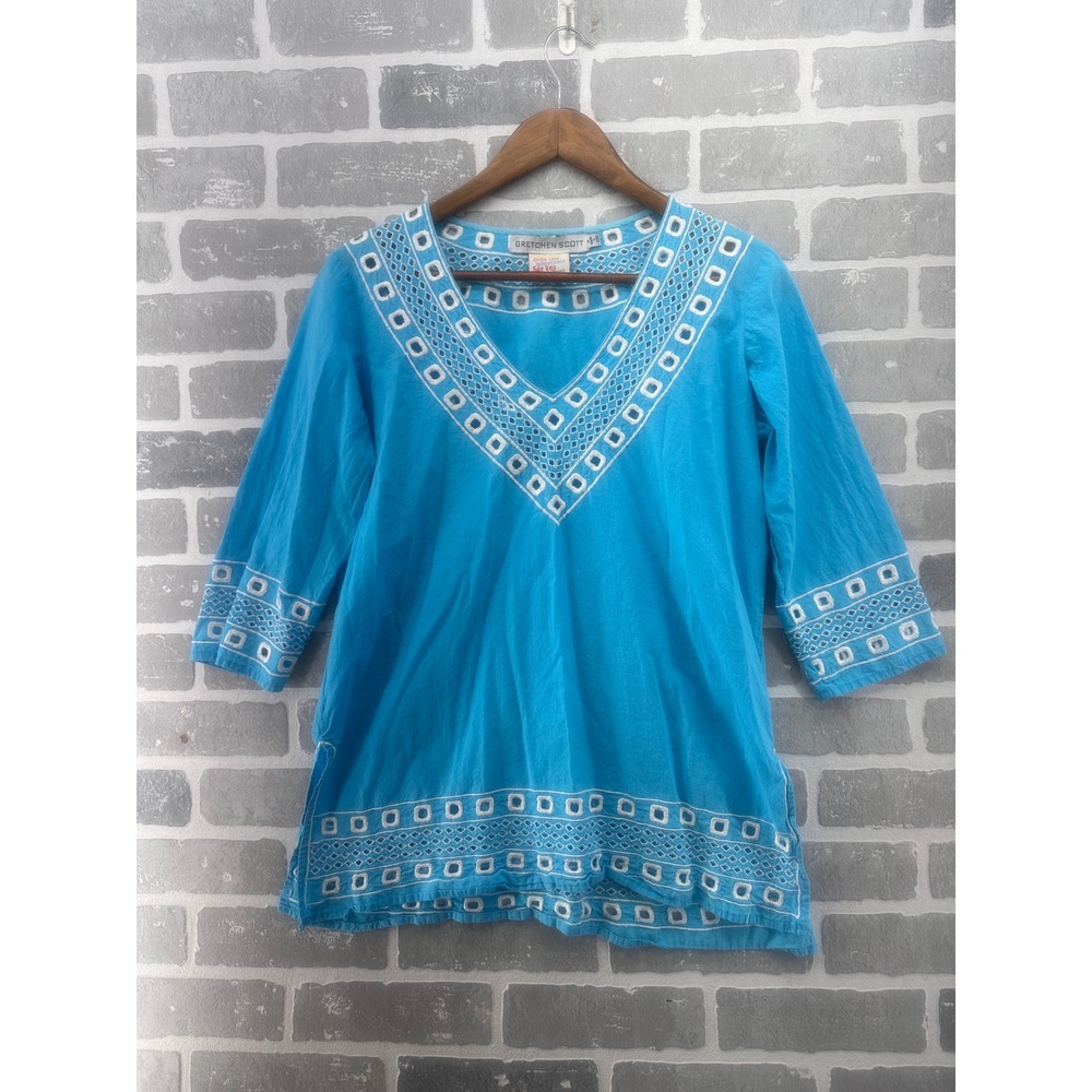 Gretchen Scott Womens Blue Cotton Eyelet Embroidered V-Neck Tunic Top‎ Size M